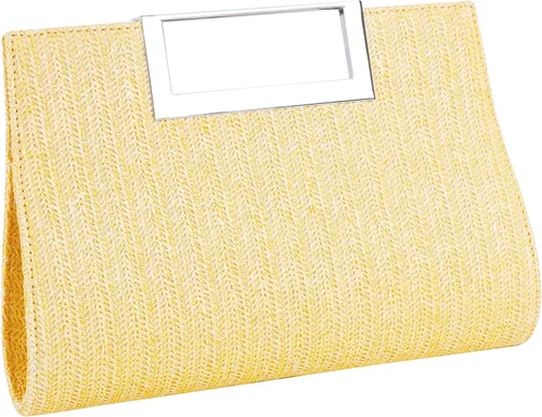 WALLYN'S Bolso de mano para mujer, piel sintética, pajilla, fiesta de noche, agarre de metal, con correa de cadena para el hombro