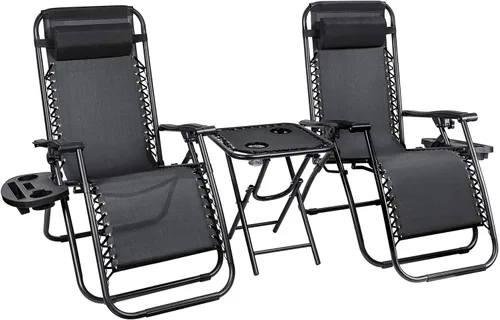 Miniatura 8 de Homall Juego de 3 sillas de gravedad cero para patio, reclinables, para exteriores, sillas reclinables portátiles con mesa auxiliar (beige)