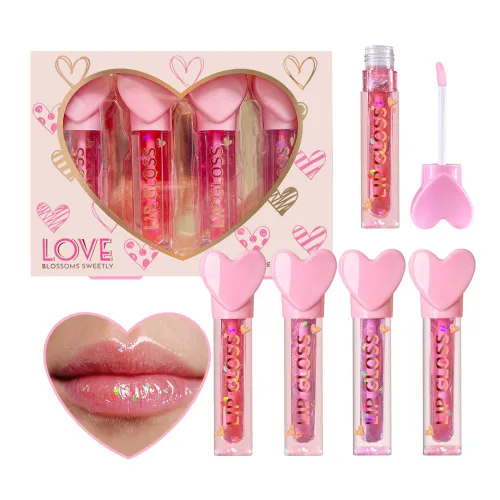 4 unidades de barra de brillo labial con dije de corazón para niñas, juego de labios frutales brillantes | Recuerdos de fiesta no tóxicos, regalo de