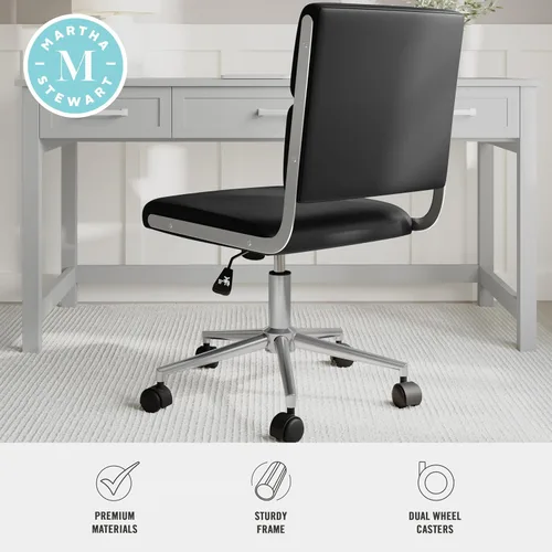 Miniatura 5 de Martha Stewart Lulu - Silla giratoria con asiento ajustable en altura para oficina en casa en piel sintética negra con marco de níquel pulido