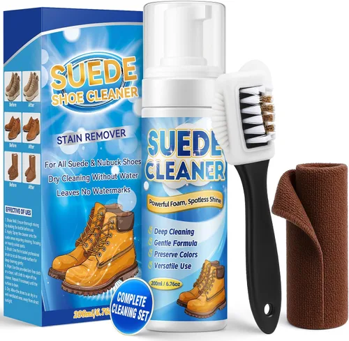 Kit de limpiador de gamuza para zapatos, limpiador de zapatos de espuma de 6.8 fl oz con cepillo y toalla, limpia profundamente gamuza, nubuck,