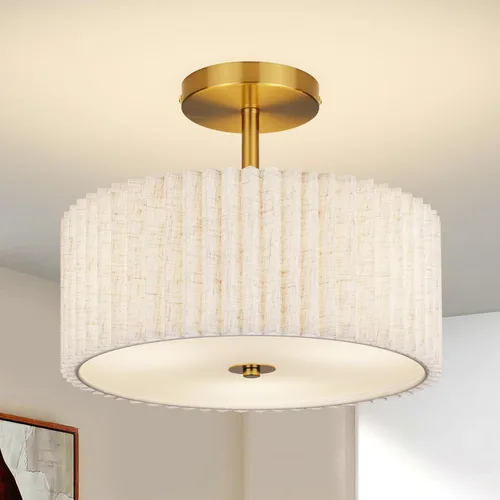 Miniatura 8 de Lámpara de techo moderna semiempotrada con pantalla de tela plisada, lámpara dorada de tambor de 12.5 pulgadas con luces, lámpara de lino blanco