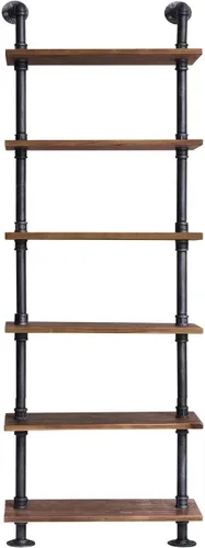 Estantes industriales de tubería rústica y moderna estantería de escalera de madera de 24 pulgadas de ancho con marco de metal, estante de pared de