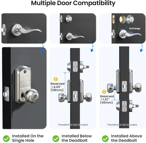 Miniatura 9 de Veise VE018 - Cerradura inteligente con manija de perilla, huella digital, control de aplicación, entrada sin llave para puerta delantera y Níquel