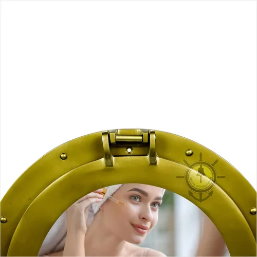 Miniatura 7 de Nagina International Espejo y ventanas de buey náutico con acabado de latón antiguo con recubrimiento en polvo, espejo de decoración de pared