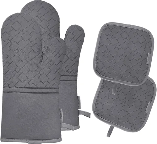 Juego de 4 guantes de horno y soportes para ollas, guantes de horno resistentes al calor 572F, forro de algodón suave con superficie antideslizante