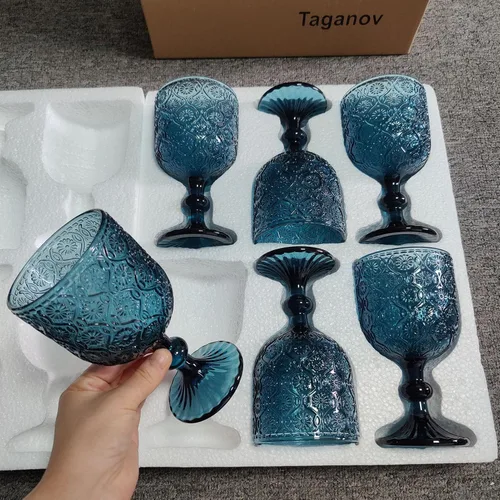 Miniatura 3 de Taganov Juego de 6 copas de vino de vidrio azul vintage, cristalería para beber con tallo, 12 onzas, 350 ml, para bodas, fiestas, barra