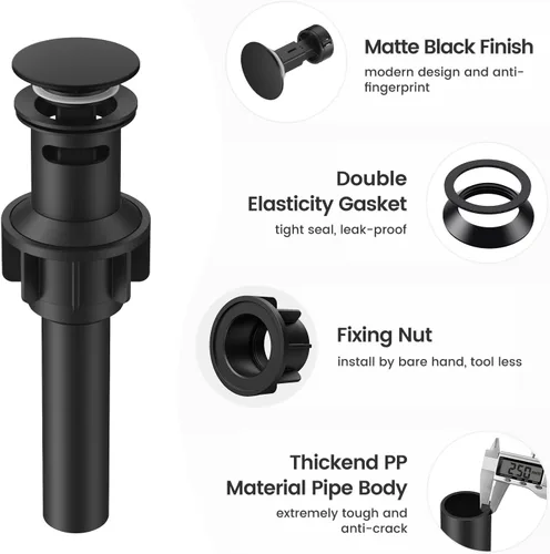 Miniatura 6 de Drenaje de lavabo de baño con desbordamiento, tapón universal para lavabo de baño, drenaje de plástico de drenaje rápido con colador 2 x negro mate