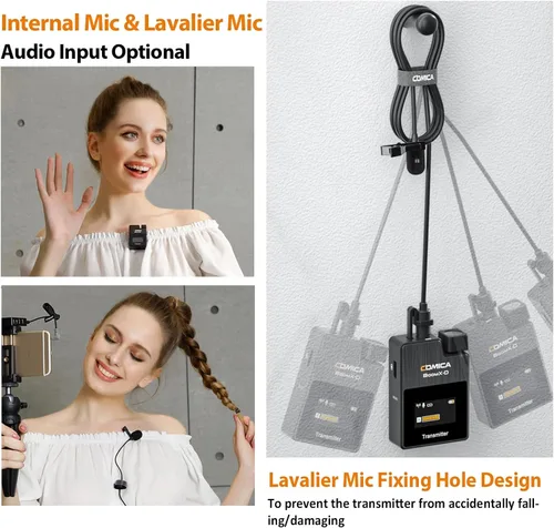 Miniatura 2 de Micrófono lavalier inalámbrico COMICA BoomX-D2 para iPhone, cámara Android, sistema de micrófono de solapa dual con 2 transmisores, rango estable