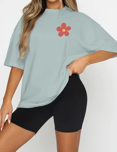 Miniatura 2 de SAFRISIOR Camiseta de gran tamaño con estampado de letras para mujer, cuello redondo, manga corta, eslogan floral, hombros caídos, blusa suelta