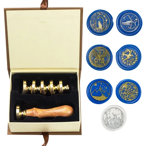 Miniatura 39 de Juego de sellos de cera de animales con 7 cabezas de latón extraíbles y 1 mango de madera, sello de cera retro para gatos, pájaros, mariposa, abeja