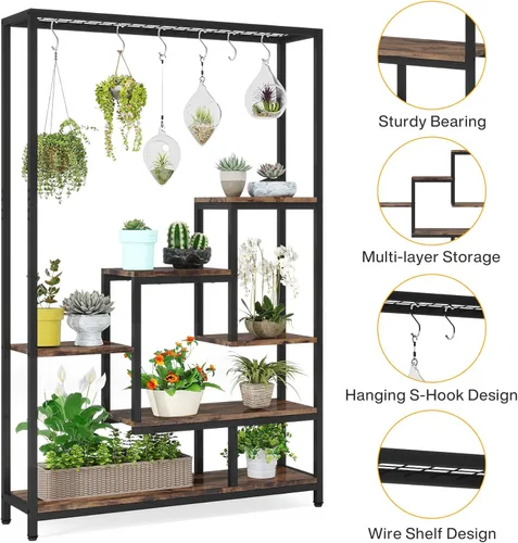 Miniatura 10 de Tribesigns Soporte alto para plantas de interior de 5 niveles, estante grande de metal para plantas de 70.9 pulgadas con 6 ganchos colgantes en S
