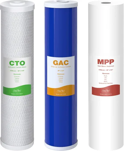SimPure Cartuchos de filtro de agua para toda la casa 5 micrones 20" x 4.5" PP+GAC+CTO Juego de filtros de carbono y sedimentos de 3 etapas, para