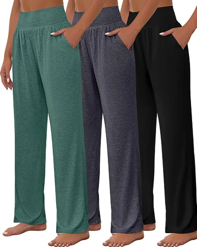 Neer - Conjunto de 3 pantalones de yoga de pierna ancha para mujer, cómodos, holgados, de cintura alta, pantalones deportivos casuales para