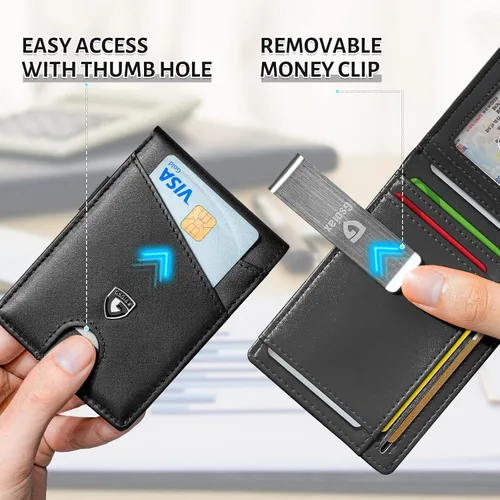 Miniatura 71 de GSOIAX Cartera delgada de cuero plegable RFID para hombre, billetera minimalista con bolsillo frontal con clip para dinero, 12 ranuras para Negro