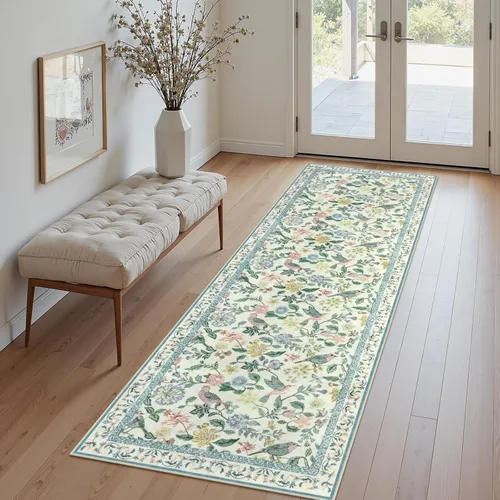 Miniatura 12 de Rugalia Alfombra de pasillo floral azul, alfombra lavable de 2 x 6 pies para pasillos, antideslizante, suave, de pelo bajo, con flores, pájaros, Rosa