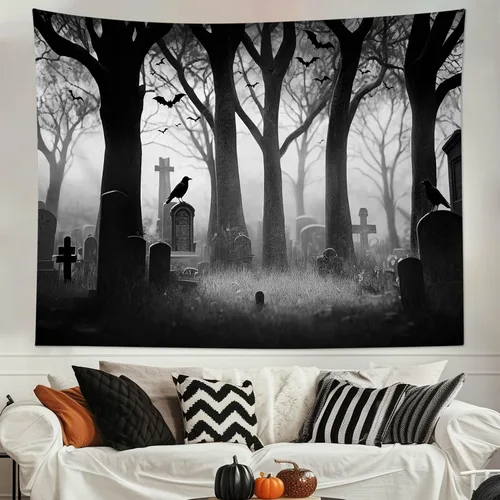LB Tapiz espeluznante de cementerio de Halloween, lápida aterradora con árboles muertos, tapiz de bosque para colgar en la pared, tapiz de fondo de