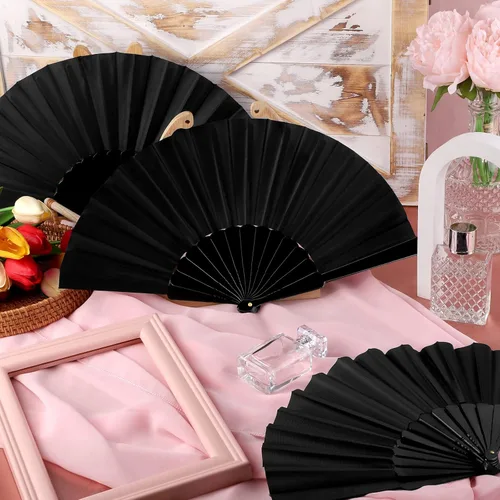 Miniatura 4 de durony Abanicos chinos de tela de nailon con mango de plástico, abanicos plegables decorativos para fiestas, regalos de boda, decoración del hogar