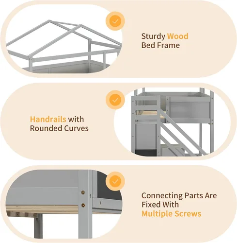 Miniatura 6 de Merax Literas de madera de tamaño individual sobre cama matrimonial con techo y barandilla de protección para niños, niños pequeños, no necesita