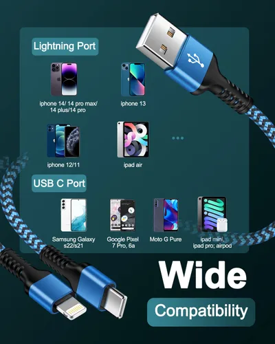 Miniatura 6 de Cable de carga múltiple 2 en 1, de 4 pies de largo, cable de carga múltiple USB a Lightning y puerto tipo C Apple y Android, cable de carga trenzado