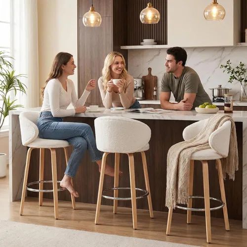 Miniatura 3 de HEAH-YO Juego de 2 taburetes de bar modernos de 26 pulgadas de altura de mostrador con respaldo de barril y patas de madera, taburete de cocina