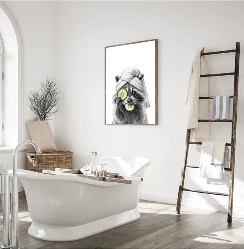 Miniatura 6 de Adorable póster artístico de mapache para baño, divertido póster de decoración de pared en blanco y negro, impresiones en lienzo de animales lindos