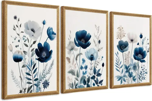 Miniatura 12 de DUWQU 3 piezas de arte de pared en lienzo floral azul marino, marco de madera azul marino, flores silvestres lirio, margaritas, decoración de pared