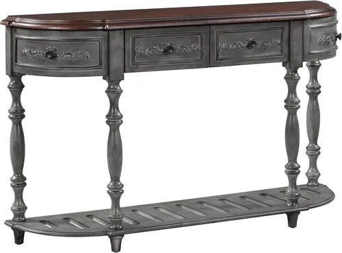LUMISOL Mesa de sofá estrecha con diseño curvo circular retro, mesa de consola con 4 cajones de almacenamiento y estante abierto, gris retro Gris