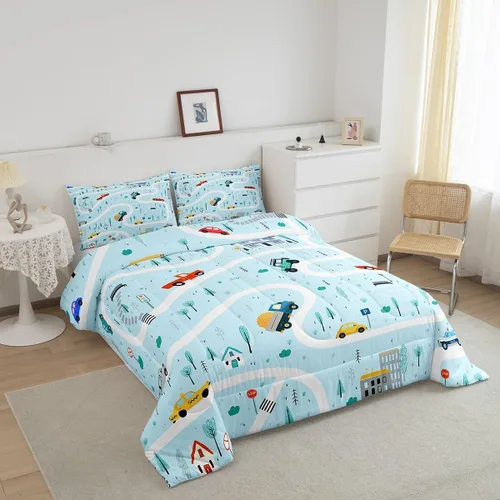 Miniatura 4 de Juego de edredón de caricaturas de autos para adolescentes, juego de ropa de cama de transporte urbano, ropa de cama para decoración del hogar