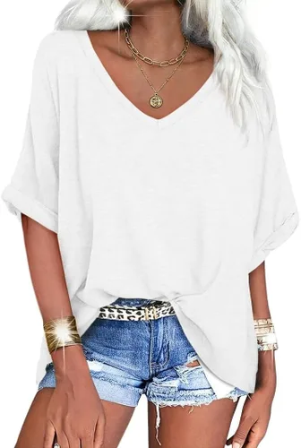 Miniatura 35 de UNCLECAT Camisetas de gran tamaño con cuello en V para mujer, camisas de manga corta de verano, holgadas, casuales