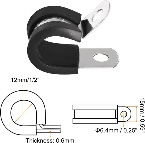 Miniatura 2 de uxcell Abrazadera de cable de 1/2 pulgada (0.472 in) de acero inoxidable 304 Abrazadera aislada acolchada de goma de acero inoxidable en forma de R