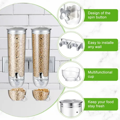 Miniatura 3 de Huwena 4 juegos de contenedores de cereales, 3 litros cada juego, dispensador de cereales montado en la pared, dispensador de alimentos secos