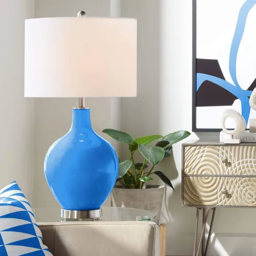 Miniatura 18 de Color + Plus Lámpara de mesa moderna de 28.5 pulgadas de alto, cristal azul Mónaco OVO blanco con pantalla de tambor de lino para sala de estar