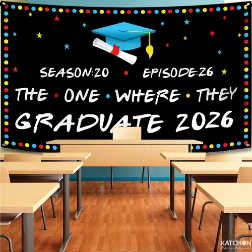 Miniatura 7 de KatchOn, Telón de fondo The One Where They Graduate 2026 – Xtragrande, 72 x 44 pulgadas, pancarta de graduación clase de 2026, decoraciones de Negro