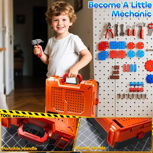 Miniatura 8 de Juego de Herramientas de Juguete para Niños de 3 4 5 6 7 8 años, Juguetes de Banco de Trabajo 2 en 1 para Niños Pequeños de 3-5 años, Caja