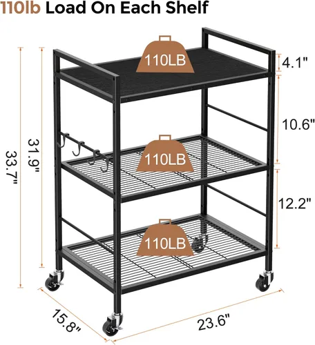 Miniatura 8 de Carrito de cocina de 3 niveles con estantes ajustables - Carrito de almacenamiento para microondas y organizador rodante utilitario, ruedas