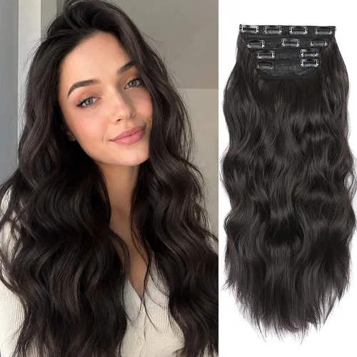 Miniatura 24 de 4 extensiones de cabello sintético con clip, extensiones de cabello rizado de 20 pulgadas de largo con clip (color: marrón medio)