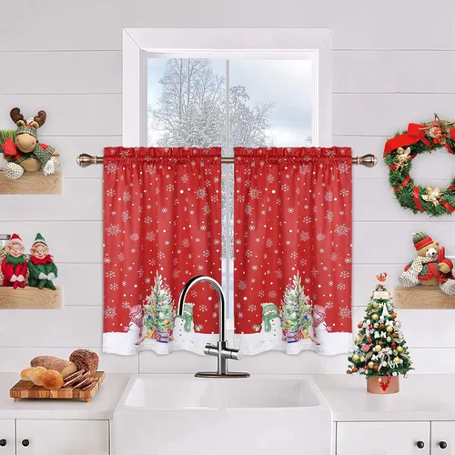 ROYGROW Cortinas de Navidad para cocina de 30 pulgadas, juego de cortinas de terciopelo rojo para ventanas, decoración de copos de nieve, cortinas