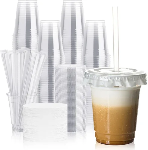 JOLLY CHEF Paquete de 100 vasos de plástico transparente de 12 onzas con tapas y pajitas, tazas desechables para café helado con tapas para batidos,