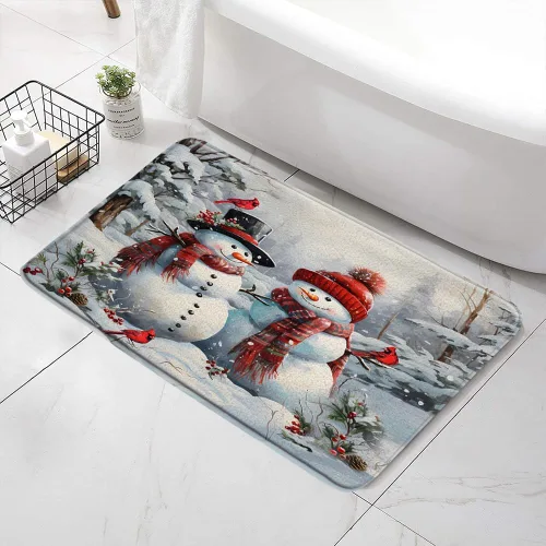 Miniatura 2 de Tapete de baño con diseño de muñeco de nieve de Feliz Navidad, acuarela, granja, pájaro, pino, rama, copo de nieve, antideslizante, tapete de baño