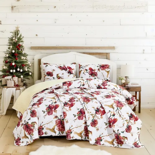 Miniatura 5 de Tache - Juego de colcha acolchada reversible con diseño floral rojo y blanco, diseño de colibríes dorados, color borgoña, marfil, antiguo, granja