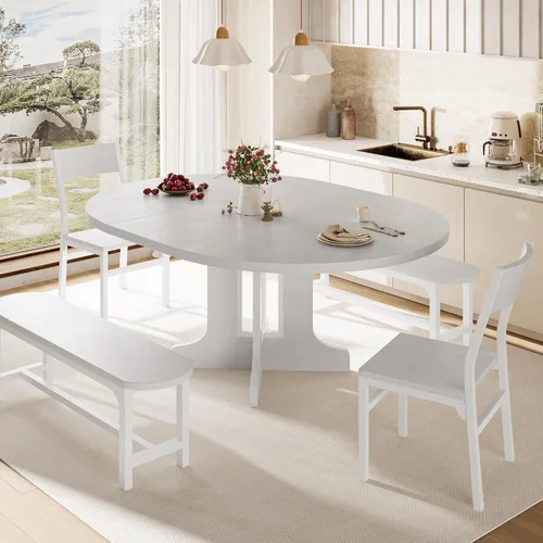 iPormis Juego de mesa de comedor redonda de 5 piezas para 4-6, juego de mesa de comedor extensible de 59 pulgadas con 2 sillas ergonómicas y 2 Blanco