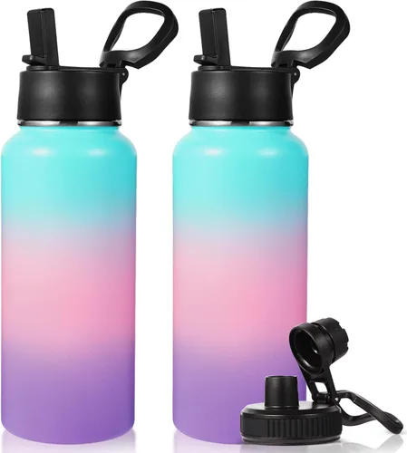 Miniatura 31 de Neihepal Botella de agua aislada de 32 onzas con 2 tapas (tapa con pajilla y boquilla), botellas de agua de doble pared de acero inoxidable 18/8
