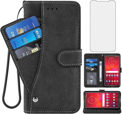 Asuwish Compatible con Moto Z3 / Z3 Play - Funda tipo cartera y protector de pantalla de vidrio templado, soporte para tarjetas de crédito, soporte