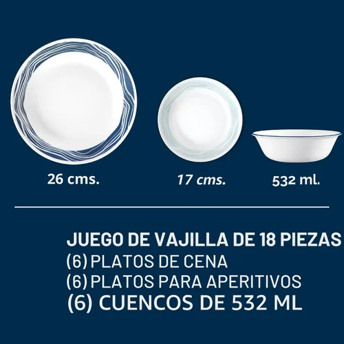 Miniatura 2 de Corelle Vitrelle Juego de vajilla de 18 piezas para 6 personas, juego de platos y cuencos de vidrio de triple capa y resistentes a roturas y Acadia