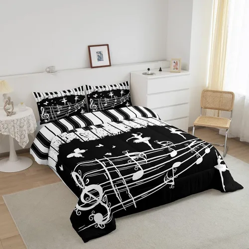 Miniatura 3 de Juego de ropa de cama con música de piano, tamaño matrimonial, juego de edredón de notas musicales en blanco y negro, 3 piezas, silueta de Multi 10