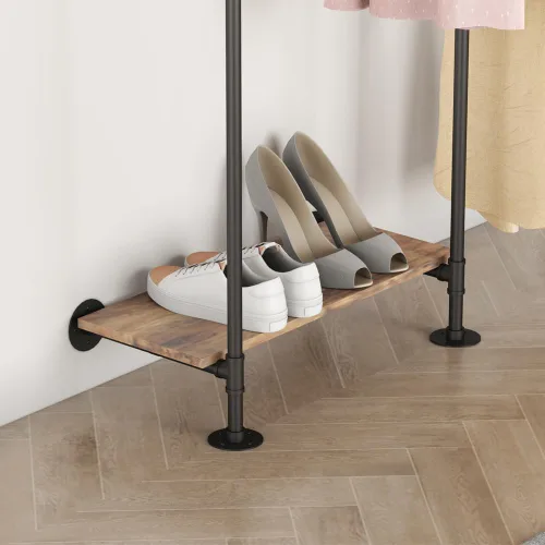 Miniatura 8 de KaKaBB Perchero industrial de tubería, perchero de pared para colgar ropa, perchero de esquina ajustable en forma de L con estantes, sistema de Negro