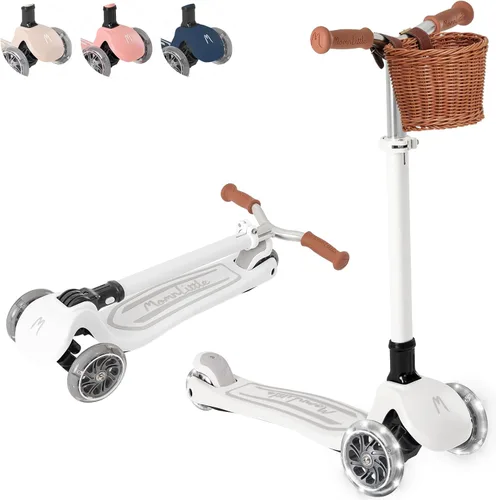 Miniatura 10 de MomnLittle - Patinete para niños de 3 a 10 años (beige/rosa/azul marino/blanco) de 3 ruedas con luces LED, certificado por la CPSC plegable y 4