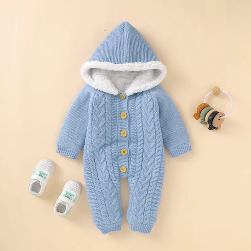 Miniatura 3 de puseky Mameluco de vellón de punto para bebé recién nacido, con capucha, de una pieza, para exteriores, Azul Patchwork, 0-6 meses