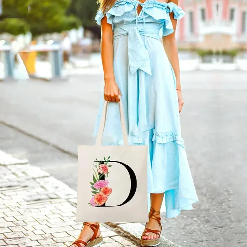 Miniatura 7 de Bolsa de lona con letra inicial personalizada, regalo para el día de la madre, damas de honor, novia, cumpleaños, boda Flower-D